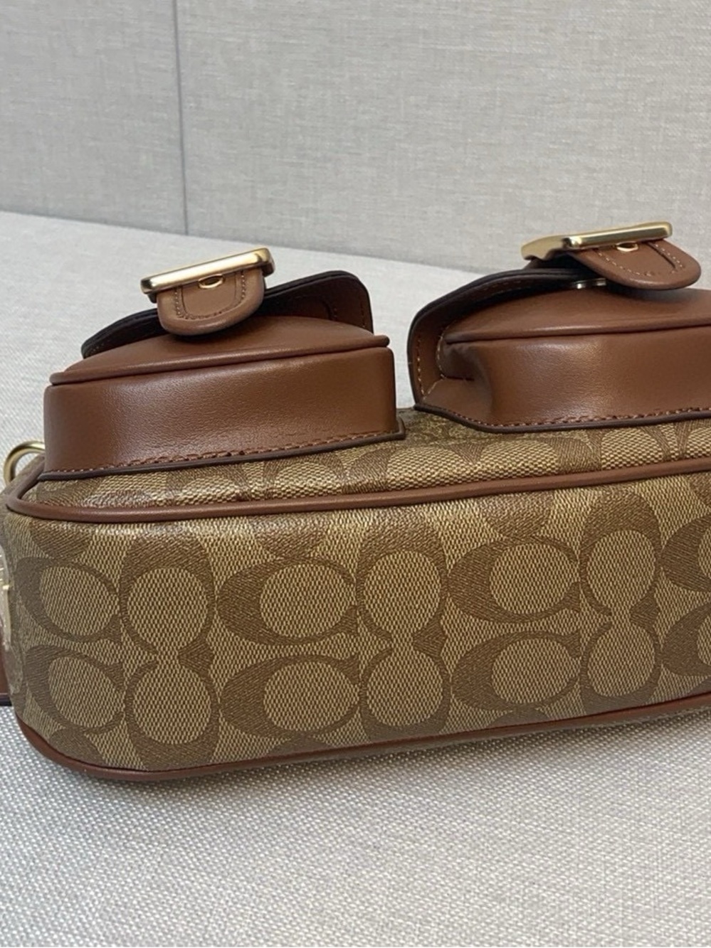 Coach Brown Canvas & Leather Shoulder Bag with Front Buckle Pockets - Picture 2 of 9